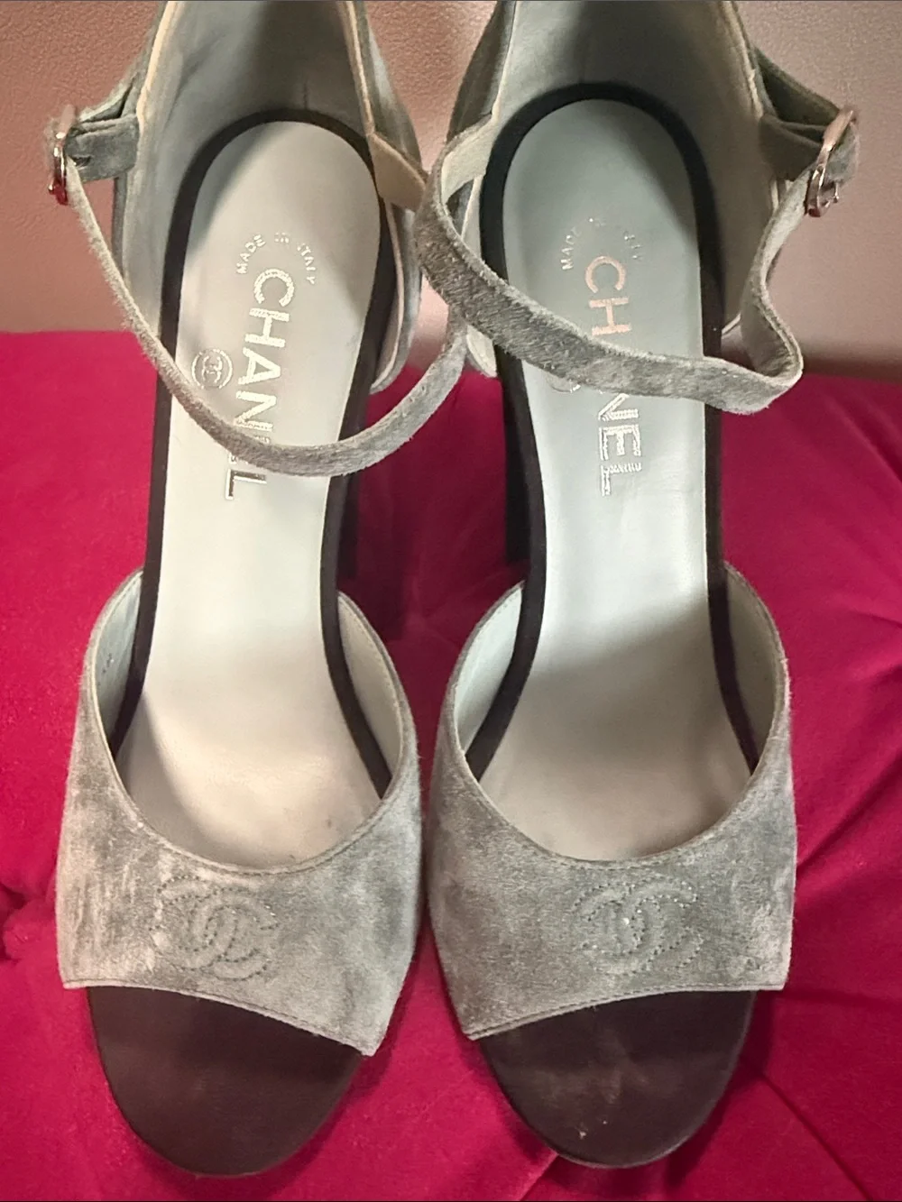 CHANEL Gray Suede Pearl-Trim Ankle-Strap Heels
